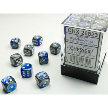 Blue & Steel / White: Gemini 12mm d6 Dice Block - Chessex