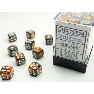 Copper & Steel / White: Gemini 12mm d6 Dice Block - Chessex