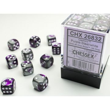 Purple & Steel / White: Gemini 12mm d6 Dice Block - Chessex