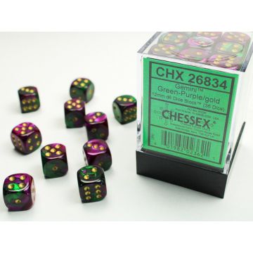 Green & Purple / Gold: Gemini 12mm d6 Dice Block - Chessex