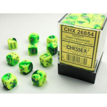 Green & Yellow / Silver: Gemini 12mm d6 Dice Block - Chessex