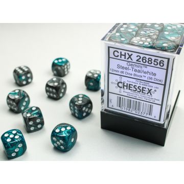 Steel & Teal / White: Gemini 12mm d6 Dice Block - Chessex
