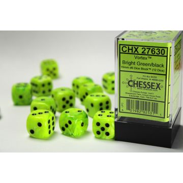 Bright Green / Black: Vortex 16mm d6 Dice Block - Chessex